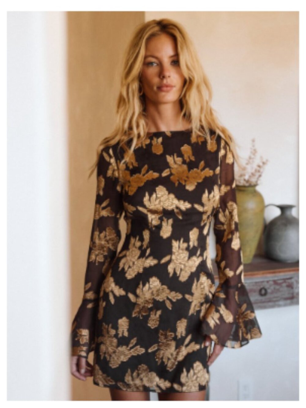 12th Tribe Black Mini Dress with Gold Floral Print - Picture 3 of 3